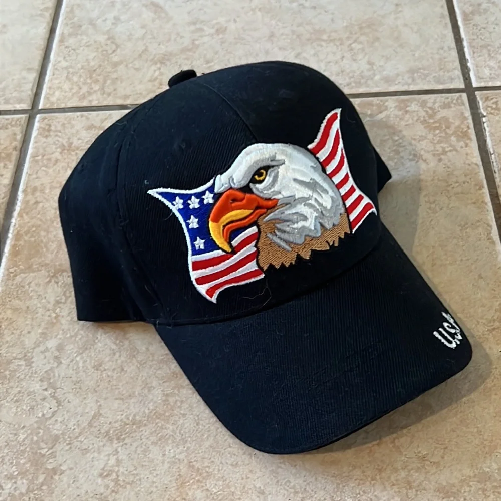 USA American Flag + Eagle Embroidered Hat - Black & Adjustable‎ w/ Velcro